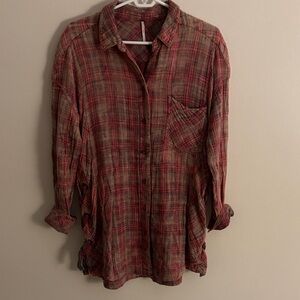 Free People Red Plaid Button Down Shirt
